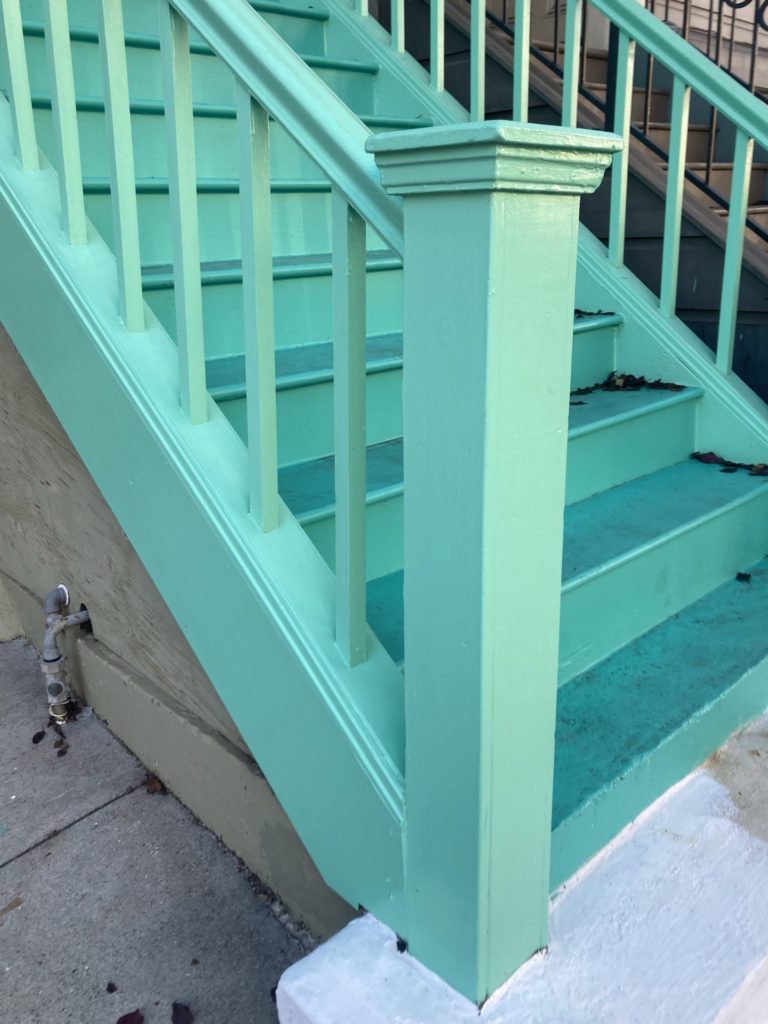 Close up of mint green staircase