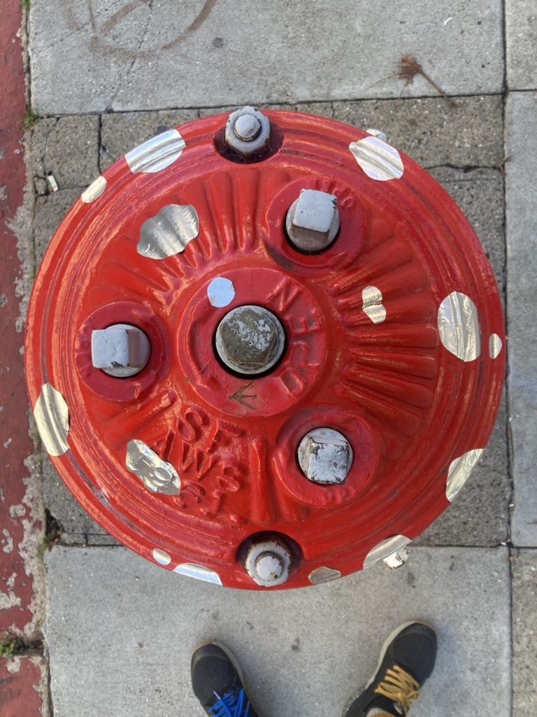 Looking down at red fire hydrant with silver spots. Top of two shoes with different colored laces (one blue, one yellow) are visible in lower part of frame. 