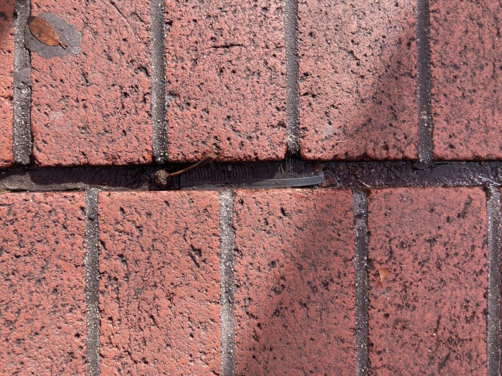 Close up of brick sidewalk, in a gap between bricks is wedged a very worn out looking black comb