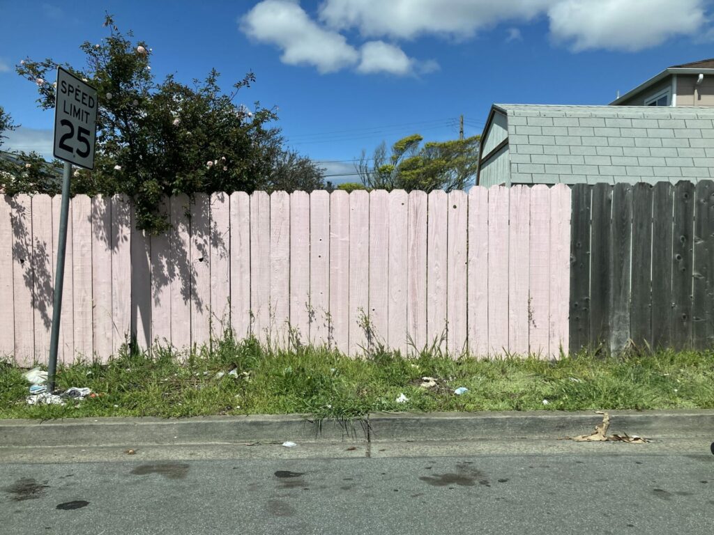 Wooden fence 4/5 painted light pink and the rest natural worn dark gray. Bright blue sky with a few clouds, street and grass strip with some scattered trash, 25 mph speed limit sign on left and the light blue roof of a building on the right. 