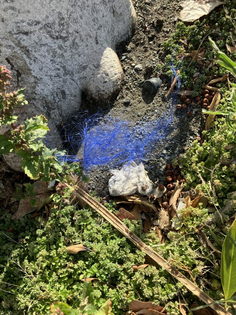 Tangled shiny blue floss on the ground with some dirt, weeds and tree trunk.