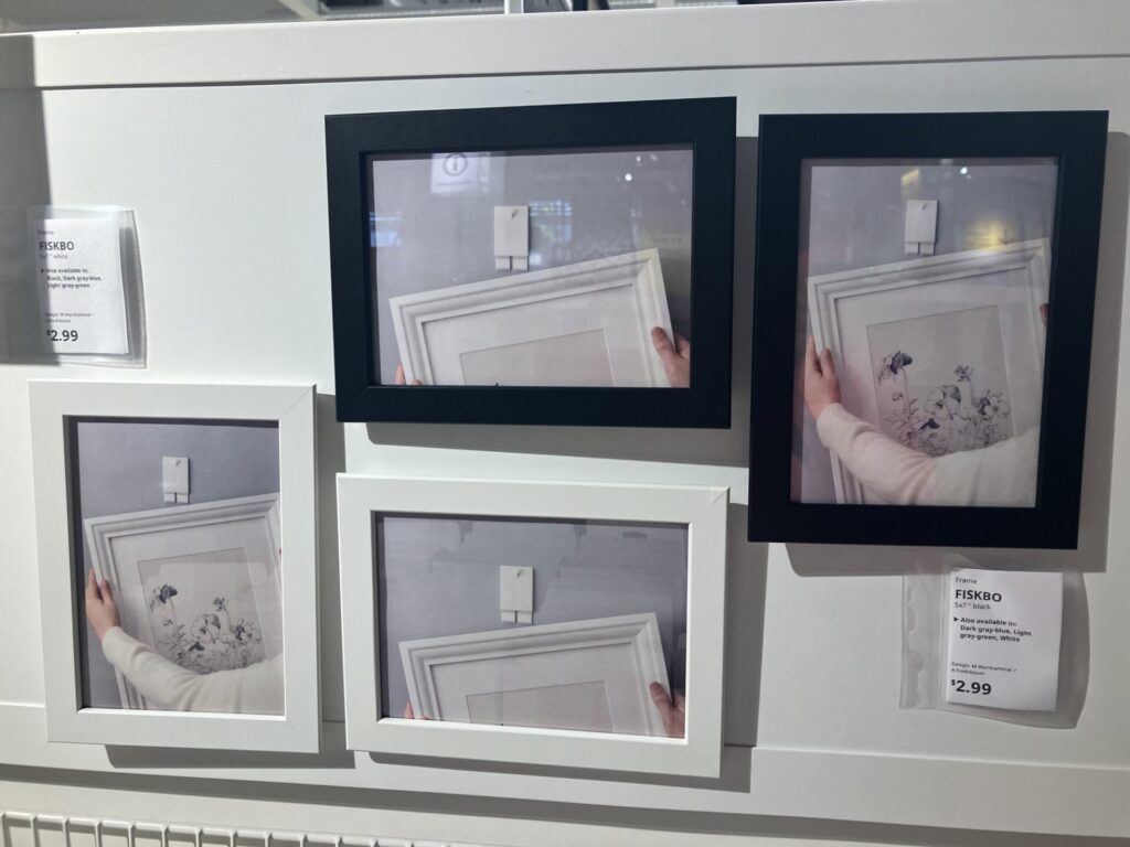 Four small picture frames holding photos showing how to hang a picture frame.